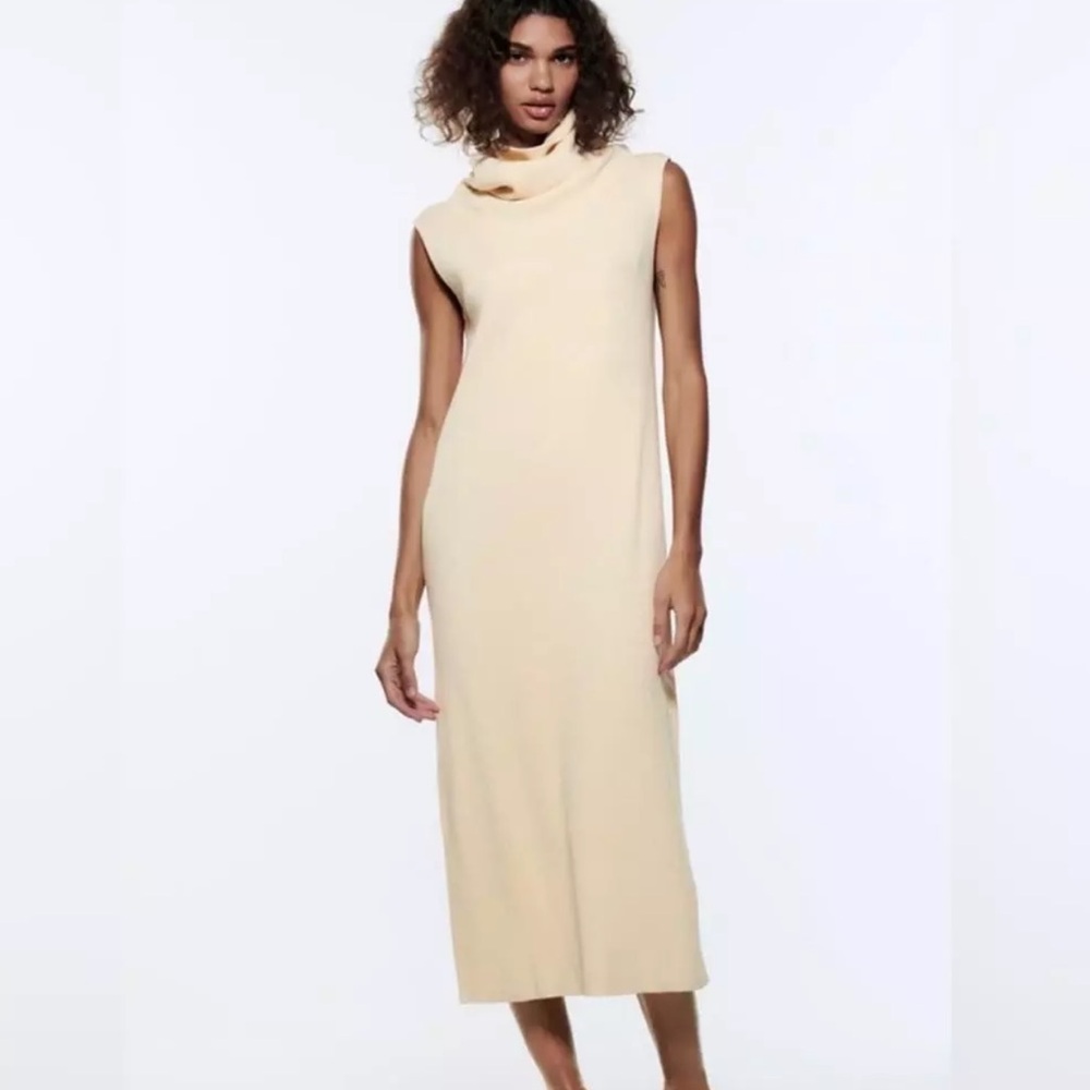 Zara Sleeveless Midi Cream Ribbed Turtleneck Sweater Dress